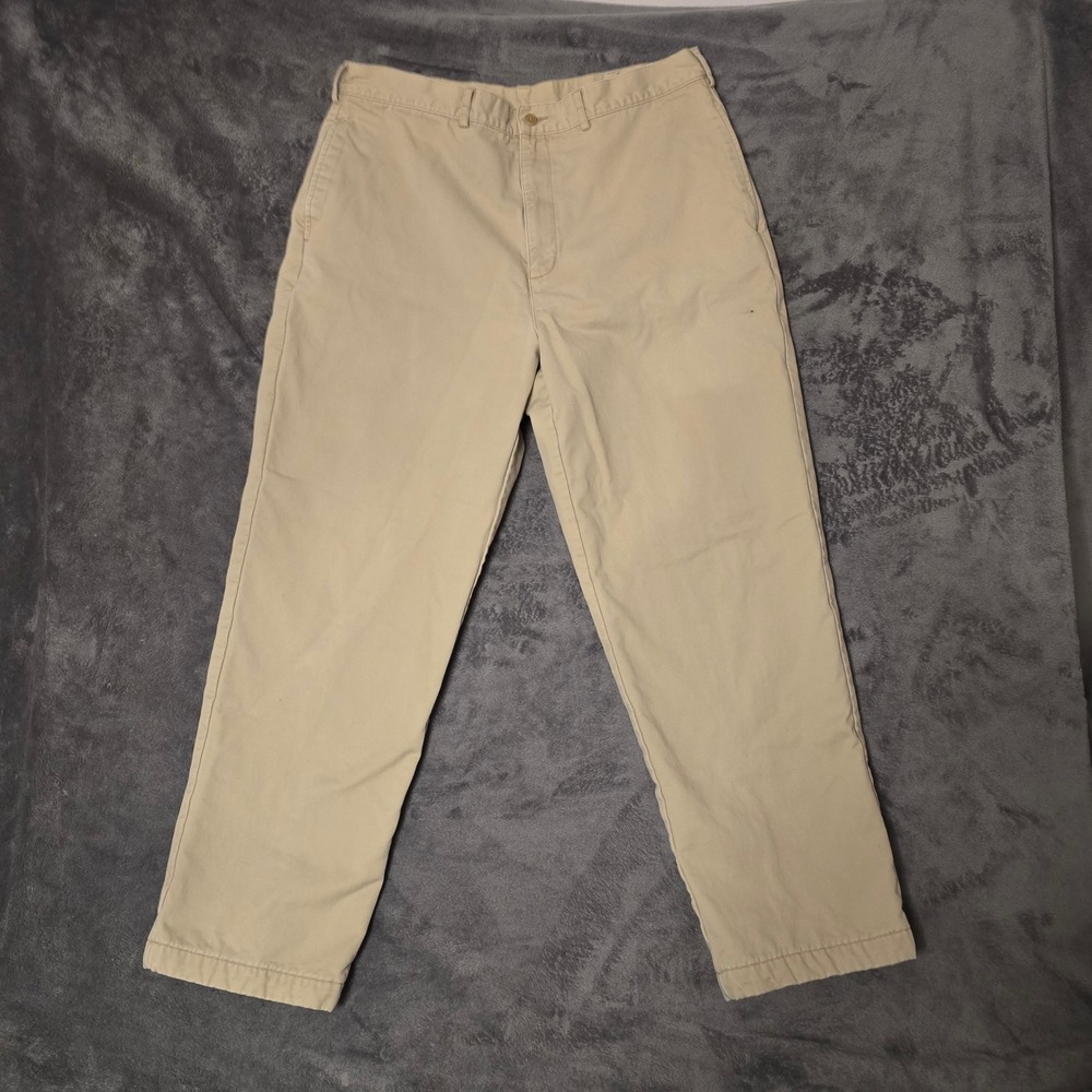 Lands' End Men's 36 Flannel Lined Chino Pants Khaki Cotton Straight Leg Trousers